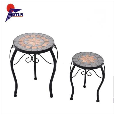 China Modern Mosaic Table Flower Pattern Stand Display Round Lid Metal Set 2 Stools Mosaic Stool Mosaic Flower Table for sale