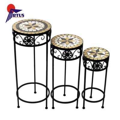 China Indoor Outdoor Mosaic Table Garden Metal Wrought Iron Potted Plant Stand Mosaic Table Set 3 Display Flower Plant Stand for sale