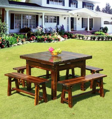 China Vintage Furniture Indoor Outdoor Garden Patio Dining Cafe Set Solid Charred Wood Wooden Table Chair Sets for sale