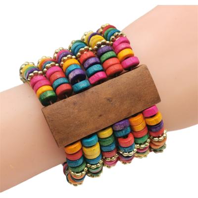 China Fashion Handmade Multilayer Hollow Bangle Punk Bracelet Bangles For Women Color Wooden Bohemian Bbangle Wholesale Jewelry for sale