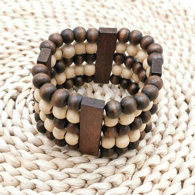 China Punk Brown Bib Bead Bracelets For Multilayer Wood Charm Rosary Bracelet Women Bohemian Gift Designer Party Bangles Jewelry for sale