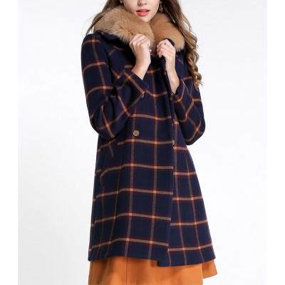 China Women Breathable Woolen Coat With Fox Fur Collar High Quality Plaid Wool Double Breasted Coat for sale