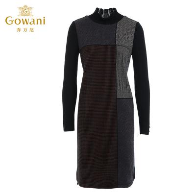 China Anti-wrinkle Gowani Winter Plaid Wool Knitted Neck High Loose Fit Long Sleeve Dress for sale