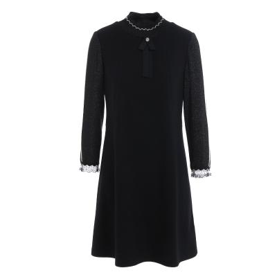 China Anti-wrinkle elegant Gowani vintage contrast wool knit ruffle neck long sleeve a-line dress for sale