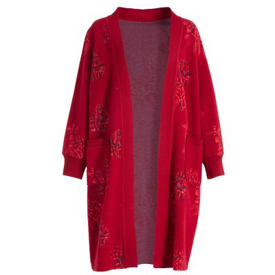 China Anti-wrinkle Women's New Red Floral Pattern Loose Fit Knitted Woolen Cardigan for sale