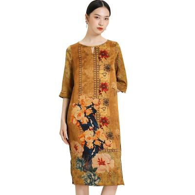 China Breathable Gowani Autumn New Casual Retro Floral Printed Cotton Seersucker Dress Silk Chinese Style Plus Size for sale