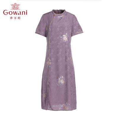 China Breathable Gowani Flower Printed Jacquard Silk Short Sleeve Dress Chinese Cheongsam Qipao for sale