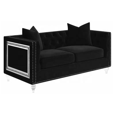 China New Custom Production Modern Living Room Sofa Black Velvet Fabric Stationary Sofa With Pillow 2 Seats Sofa Chair for sale