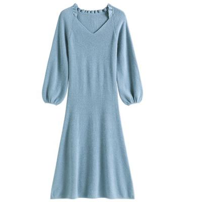 China Anti-wrinkle knitwear factory custom blue v-neck long sleeve knit dress fashion casual women loose sweater dress for sale