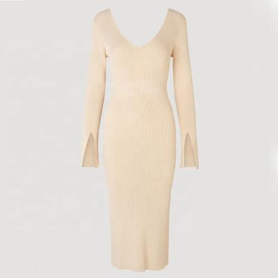 China 2022 Winter Women's Sexy V-Neck Anti-Wrinkle Knit Long Sleeve Bodycon Midi Sweater Dress for sale