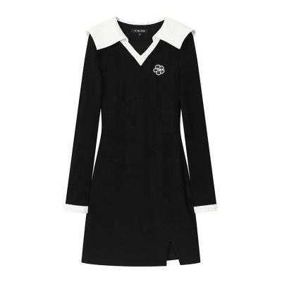 China custom made black Anti-wrinkle knitwear factory polo collar long sleeve women knit dress for sale