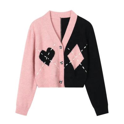 China Anti-wrinkle knitwear custom 3 colorway geometric pattern v neck women fashion single breasted casual cardigan sweater for sale