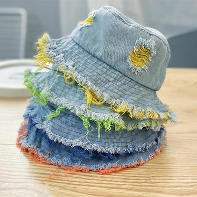 China Dobby RTS pescador RTS gorra bebe kids denim distressed bucket hat washed lattice fisherman sun beach hat for kids boy and girl for sale