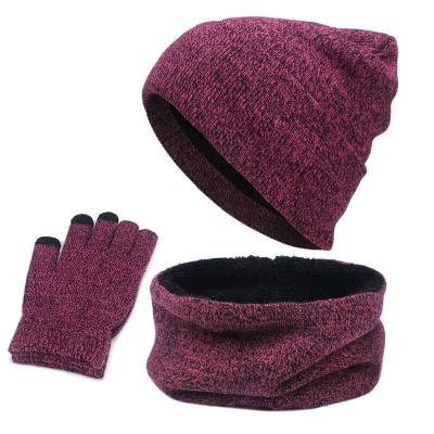 China Free Sample 3pcs Square RTS Winter Crochet Beanie Hat Warm Knitted Scarf And Gloves Set Unisex For Man And Women for sale