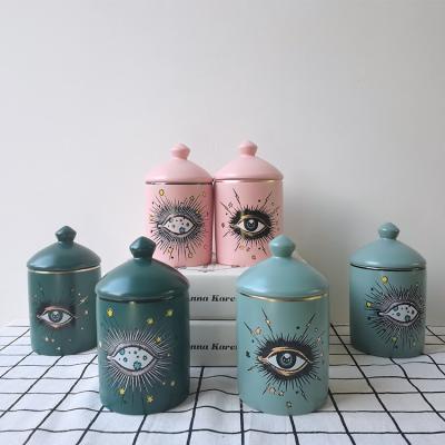 China New design home decoration decal ceramic candle holder with lid porcelain candlestick for home decoration for sale