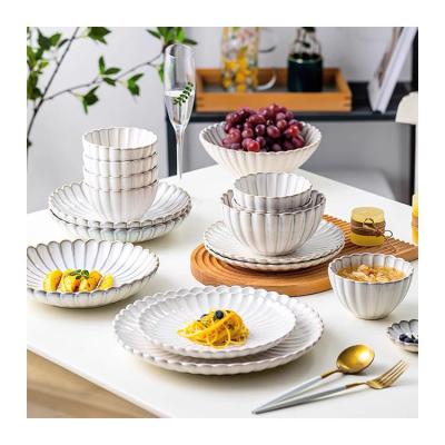 China 2022 New Style Tableware Dish Bowl Viable Ceramic Flower Shape Gloss Ceramic White Tableware Sets Modern Kitchen for sale