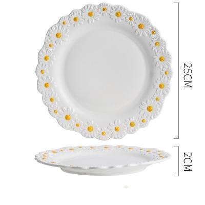 China Viable Daisy Ceramic Platter Dish Household Japanese Style Relief Flat Plates Breakfast Fruit Cake Dessert Dish for sale