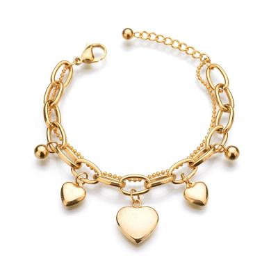 China Custom Adjustable Heart Charm Chain Bracelet Hiphop 316L Stainless Steel 18K Gold Pendant Bracelet For Women for sale