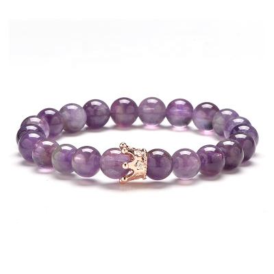 China King Queen Crown Charm Bracelet Natural BOHEMIA Amethyst Purple Gemstone Beads Bracelets for sale