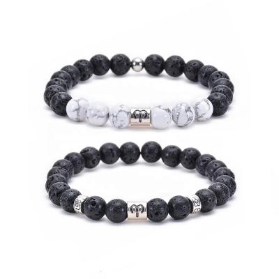 China 12 TRENDY Zodiac Sign Distance Bracelets For Couples Friends Black Lava Howlite Stone Yin Yang Bracelet for sale