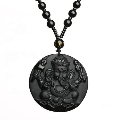 China AAAAA Religious Natural Grade Black Obsidian Stone Hand Carved Iidian Ganesha Pendant Necklace for sale