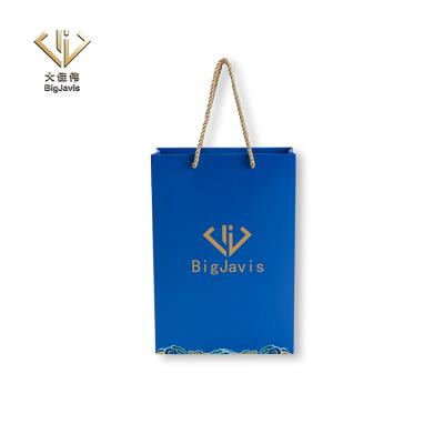 China Custom design fashion beauty shopping gift wholesale high quality recyclable luxury paper bag printed flat handle blue color packaging for sale