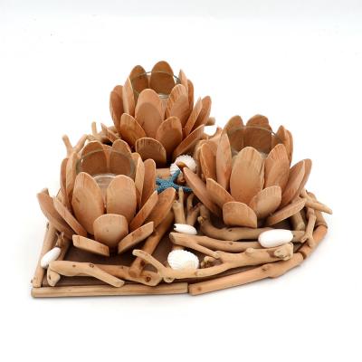 China 3 Sets Eco-friendly Glass Lotus Flower Candle Holder Love Shaped Driftwood Base For Wedding Holiday Decoration for sale