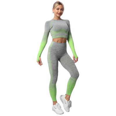 China 2021 Amazon Breathable Hot Sale Custom Long Sleeve 2 Piece Yoga Set Plus Size Fitness Ribbed Women's Activewear Seamless Yoga Set for sale