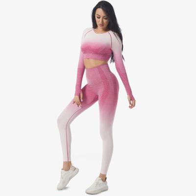 China New 2021 Breathable Hot Selling Custom Shade Design Long Sleeve 2 Piece Yoga Set Plus Size Fitness Ribbed Women's Activewear Seamless Yoga Set for sale