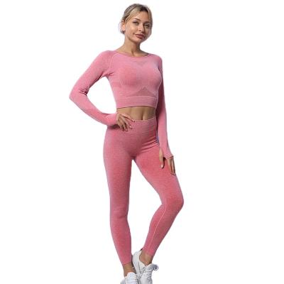 China New Design 2021 Fall Breathable Winter Season Long Sleeve 2 Piece Yoga Set Plus Size Fitness Ribbed Women's Activewear Seamless Yoga Set for sale