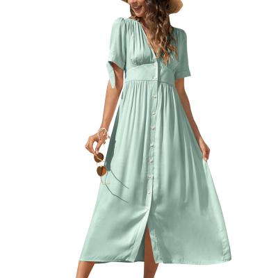 China 2021 Summer Sale High Quality Breathable Hot Short Sleeve Women Deep V-Neck Maxi Dress for sale