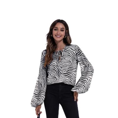 China 2021 Amazon Ebay Selling Zebra Print Women's Breathable Hot Casual Bubble Long Sleeve Chiffon Print Tops for sale