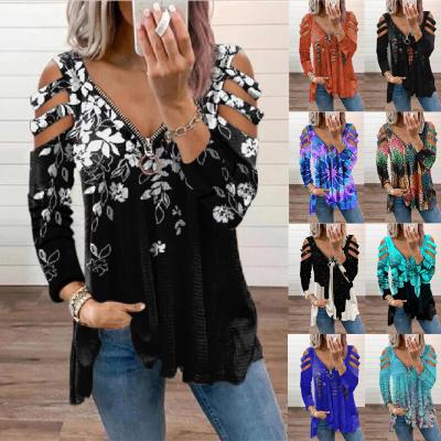 China QUICK DRY Warm Irregular Zipper Print V-neck Hollow Out Summer Amazon Sale Long Sleeve T-Shirts 2021 for sale