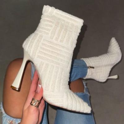 China BSM1064 2022 New Towel Printed Material High Heel Pointed Toe Winter Women White Ankle Boots for sale