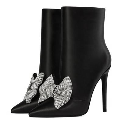 China Fashion Trend Ladies Rhinestone Bow Ankle Boots Shape Toe Stiletto Heel Boots Headed Black for sale