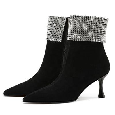 China New Arrival Fashion Trend Rhinestone Suede Ankle Boots Female Pointed Toe High Heels Women Boots for sale