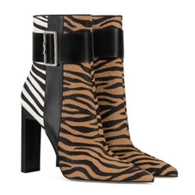 China JB031 printed headed zebra print fashion high heel ankle boots thick toe heel women's boots for sale