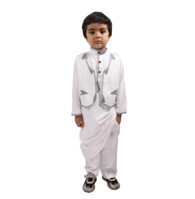 China Breathable Set Eid Pray Boy Islam Robe 3pcs Factory Sale Arabic Muslim Clothing With Jacket And Pants Mens Islamic Thobe Qamis for sale