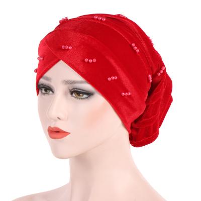 China Wholesale Women Headscarf Solid Color Hat Polyester Turban Hijab Hats Inner Hijab Beaded Muslim Muslim Hood Covers Islamic Hat for sale