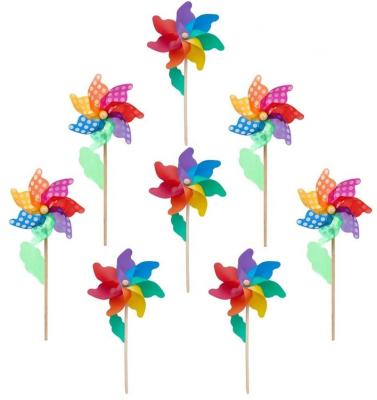 China Stick Pinwheels7-Color Rainbow Dot Wind Spinners Wind Spinners Plastic Wooden Windmill for sale