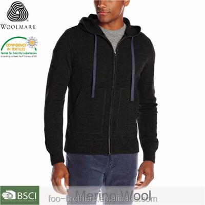 China Anti-pilling Mens Black Knit Full Zipper Hoodie Merino Wool Hoodie for sale