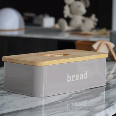 China Freshness Preservation Eco Rectangular Storage Box With Cutting Board Lid Kitchen Metal Wooden Bread Bin for sale