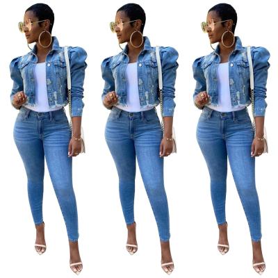 China Denim plus size new arrivals winter puff sleeve ripped jeans jacket women hole plus size denim jacket for ladies for sale