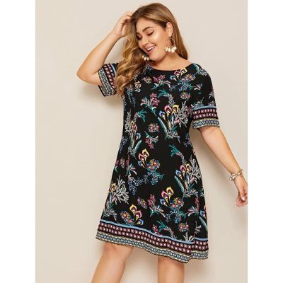 China 2020 Summer Women's Breathable Clothing Round Neck Short Sleeve Knee Length Floral Print Casual Plus Size Dress Women for sale