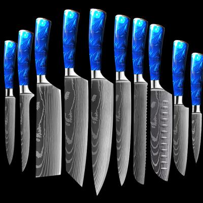 China Sustainable Multifunction Chef Product Blue Resin Stainless Steel Sharp 8Pcs Damascus Knife Set for sale