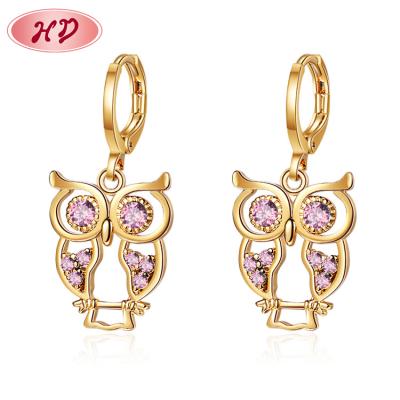 China FASHIONABLE Creative Cute Owl Zoo Jewelry Dangling Piercing Drop Earrings CZ 18k Rose Gold Plated Jewelry With Warranty for sale