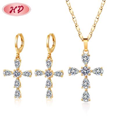 China Factory Supply TRENDY Necklace and Drop Earring Sets Brass Jewelry Design 18k Gold Cross Zircon AAA. for sale