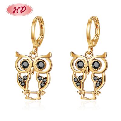 China TRENDY Top Selling Jewelry on Amazon 18k Gold Plated Colorful Black Zircon Brass Cute Animals Owl Drop For Dangle Earrings for sale