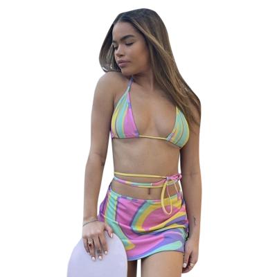 China Wholesaler 2021 Vacation Breathable Swim Wear and Beach Wear Women Colorful Strap Stripe Bikini Skirt Swimming Set 2 Pieces for sale