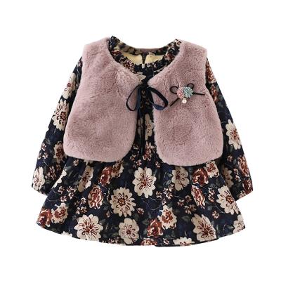 China Anti-wrinkle 2 Pcs Suits Baby Clothes , Floral Long Sleeves Dress+CamoFleece Vest Kids Clothes for sale